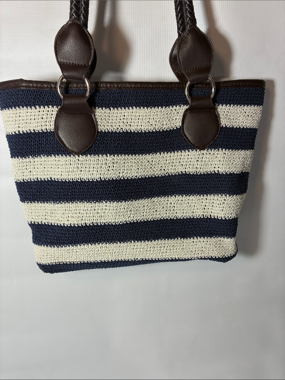 Easy Spirit Navy and Cream Striped Tote with Brown Trim